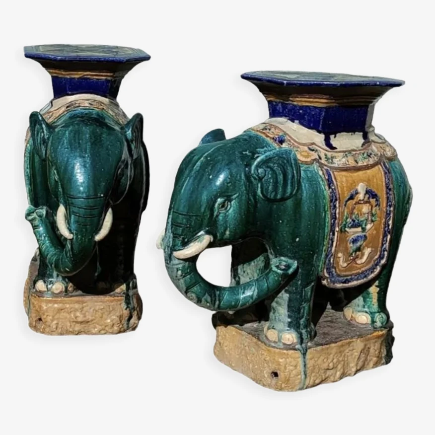 Paire D'éléphants Porte Plante Biên Hoa Début XXème 3 Paire D'éléphants Porte Plante Biên Hoa Début XXème