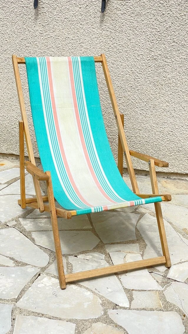 Transat Pliant En Bois Et Toile Vintage 8 Transat Pliant En Bois Et Toile Vintage – Image 6