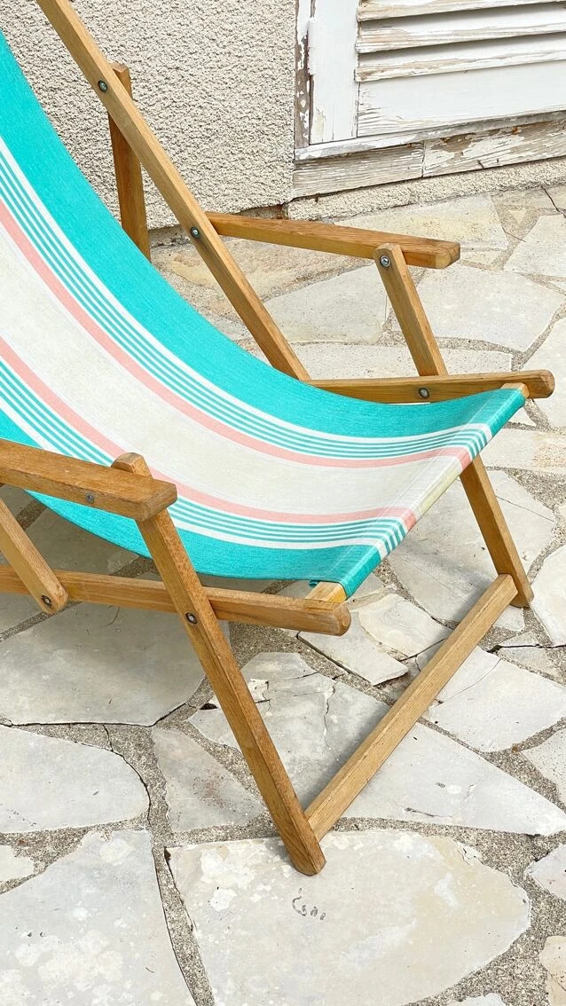 Transat Pliant En Bois Et Toile Vintage 7 Transat Pliant En Bois Et Toile Vintage – Image 5