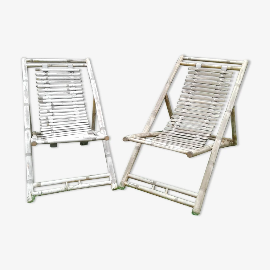 Lot De Deux Chiliennes En Bambou Vintage Avec Sa Table D'appoint 3 Lot De Deux Chiliennes En Bambou Vintage Avec Sa Table D'appoint