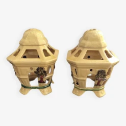 2 Lanternes Terre Vernissée Vintage Japonisante