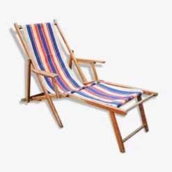 Ancien Transat Avec Repose Pied – Toile Bayadère