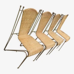 Ensemble De 4 Chaises De Jardin En Rotin Et Fer Par Frederick Weinberg, États-Unis Années 1950