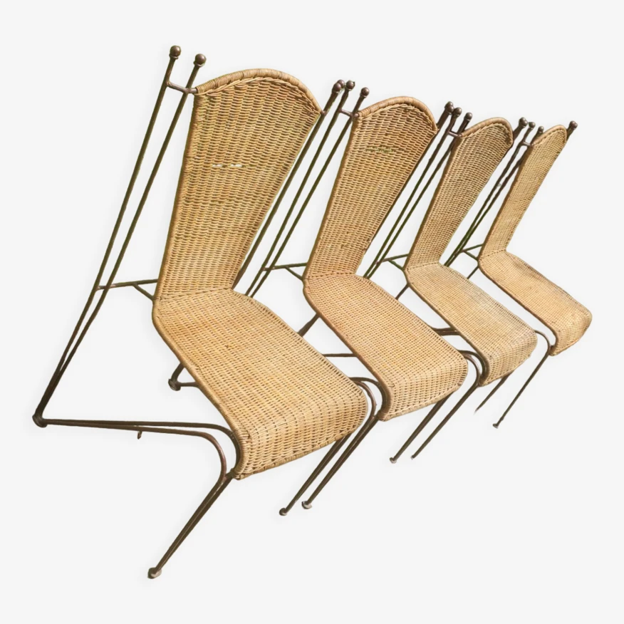 Ensemble De 4 Chaises De Jardin En Rotin Et Fer Par Frederick Weinberg, États-Unis Années 1950 3 Ensemble De 4 Chaises De Jardin En Rotin Et Fer Par Frederick Weinberg, États-Unis Années 1950