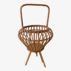 Porte Plante Ou Porte Revues Tripode En Rotin Vintage 1950