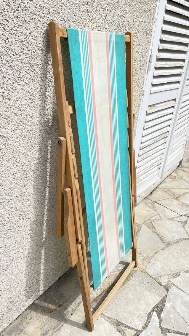 Transat Pliant En Bois Et Toile Vintage 5 Transat Pliant En Bois Et Toile Vintage – Image 3