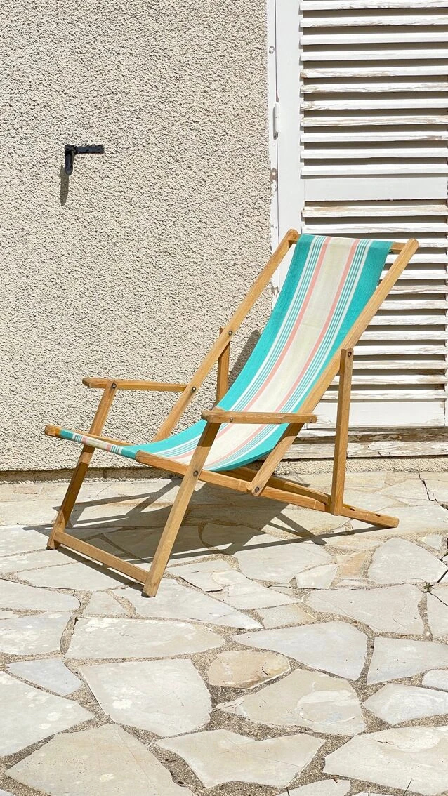 Transat Pliant En Bois Et Toile Vintage 11 Transat Pliant En Bois Et Toile Vintage – Image 9