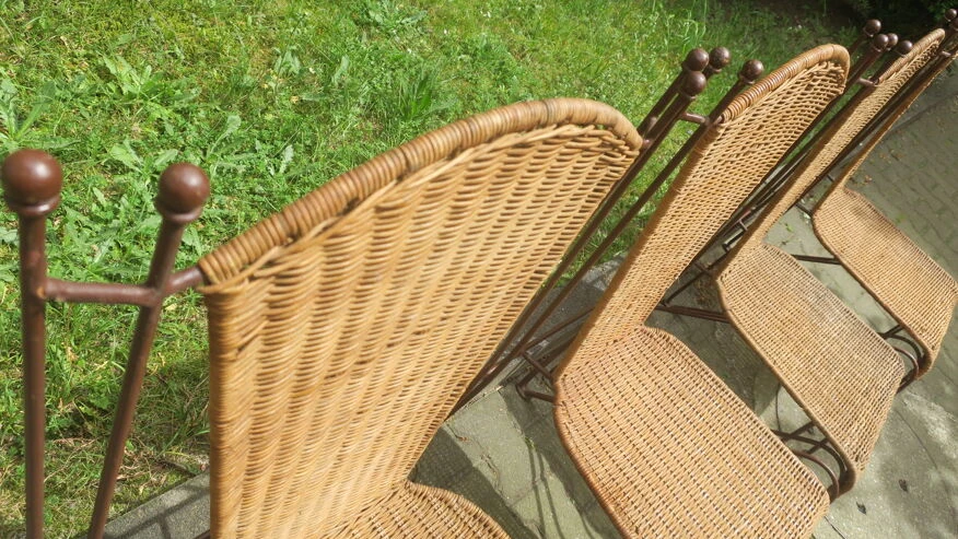 Ensemble De 4 Chaises De Jardin En Rotin Et Fer Par Frederick Weinberg, États-Unis Années 1950 11 Ensemble De 4 Chaises De Jardin En Rotin Et Fer Par Frederick Weinberg, États-Unis Années 1950 – Image 9