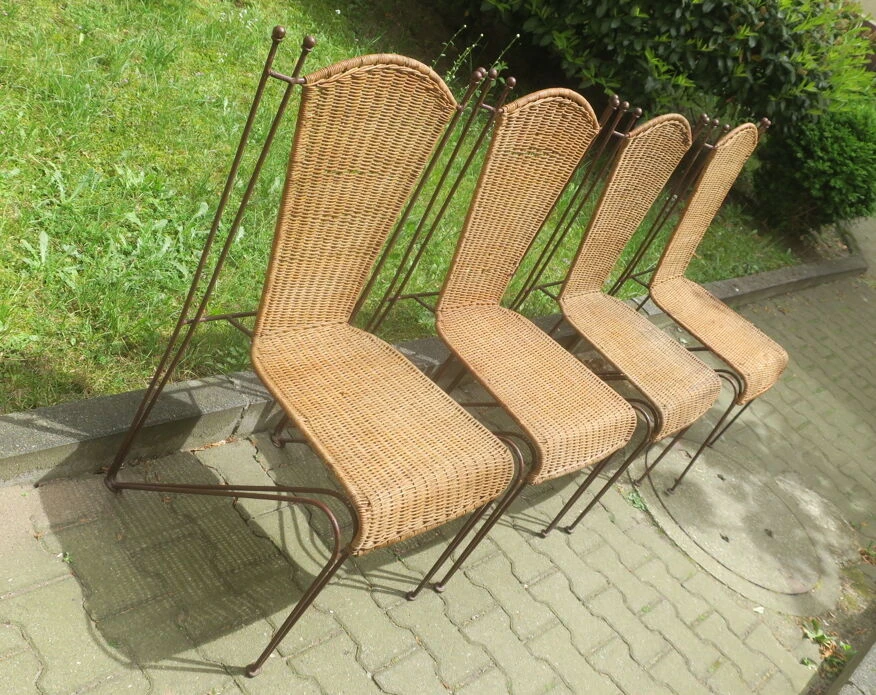 Ensemble De 4 Chaises De Jardin En Rotin Et Fer Par Frederick Weinberg, États-Unis Années 1950 4 Ensemble De 4 Chaises De Jardin En Rotin Et Fer Par Frederick Weinberg, États-Unis Années 1950 – Image 2