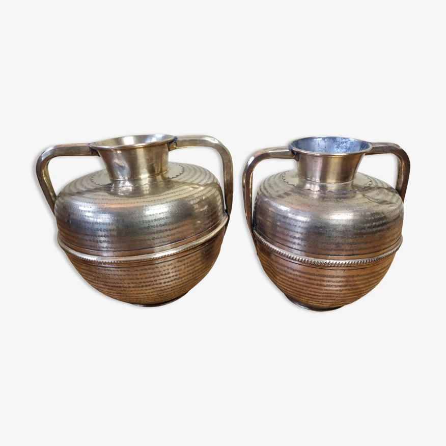 Paire De Jarres En Laiton à Double Anses Artisanat Marocain 3 Paire De Jarres En Laiton à Double Anses Artisanat Marocain