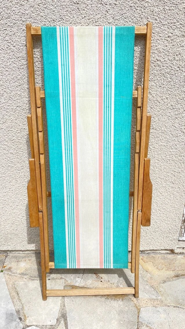 Transat Pliant En Bois Et Toile Vintage 6 Transat Pliant En Bois Et Toile Vintage – Image 4