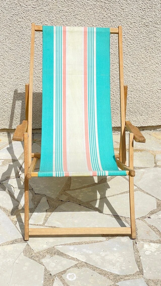 Transat Pliant En Bois Et Toile Vintage 9 Transat Pliant En Bois Et Toile Vintage – Image 7