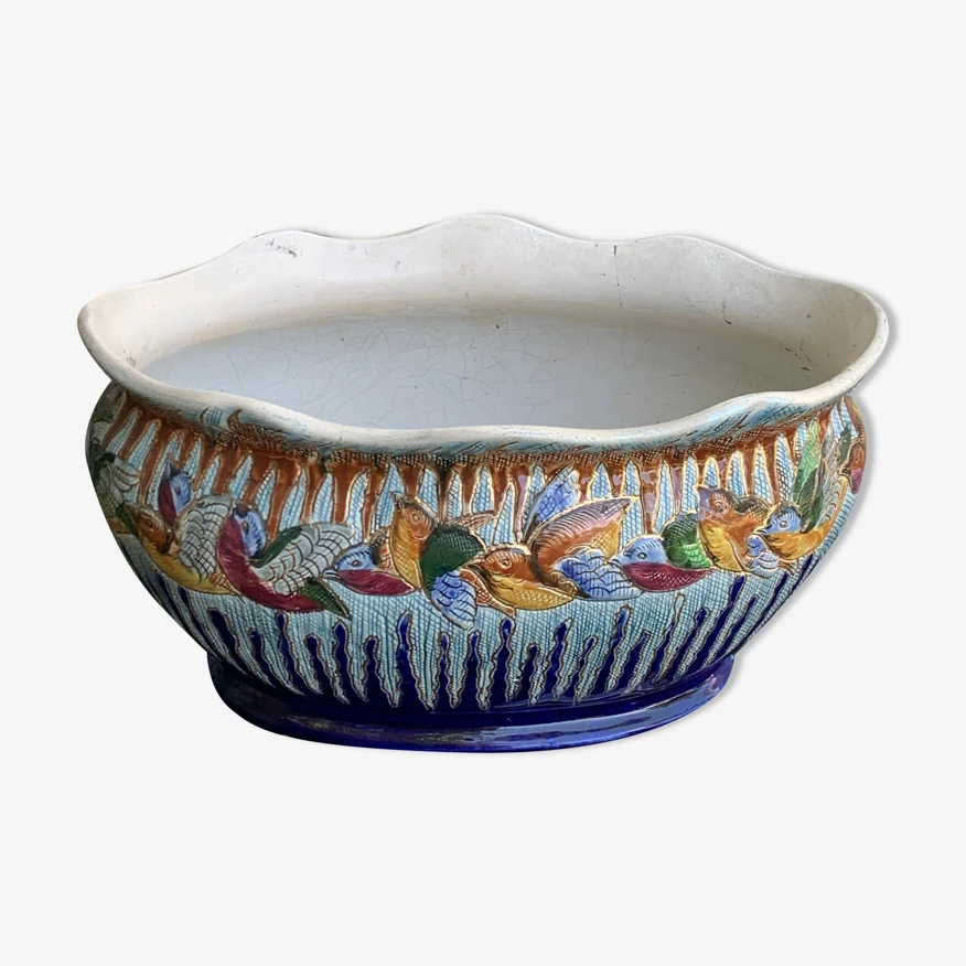 Jardiniere En Barbotine Céramique Emaillee Motif Aux Oiseaux Multicolores Et Bleu Cobalt, Art Deco 3 Jardiniere En Barbotine Céramique Emaillee Motif Aux Oiseaux Multicolores Et Bleu Cobalt, Art Deco