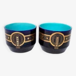 Paire De Caches Pots Sarreguemines - Bleus De Longwy - Décors Géométriques Dorés - XIXème